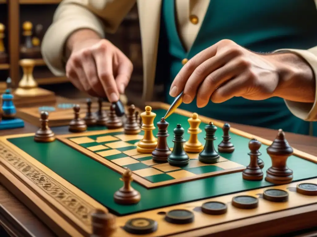 Un artesano restaura con maestría un juego de mesa clásico, aplicando barniz a una pieza de madera detallada, rodeado de juegos en restauración