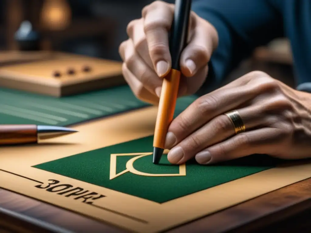 Artesanía experta: Creando marcador de juego único Un artesano crea meticulosamente un marcador de puntuación para juegos de mesa, mostrando dedicación y precisión