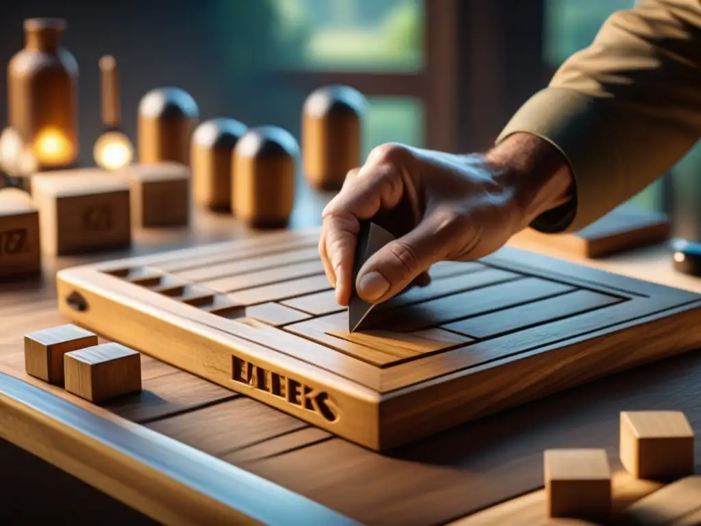 Artesano tallando pieza de juego de mesa en madera orgánica, detalle y tradición en la transformación artesanal