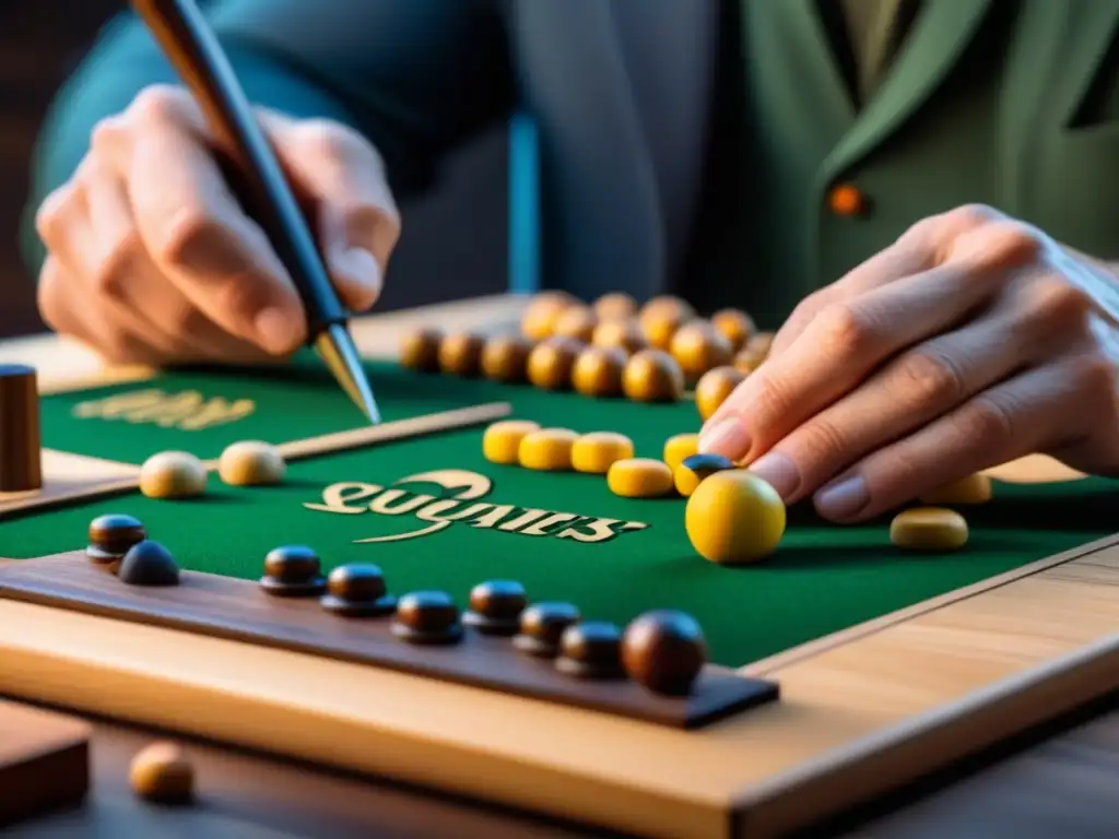 Un artesano hábil crea una pieza de juego de mesa de madera de forma meticulosa y sostenible