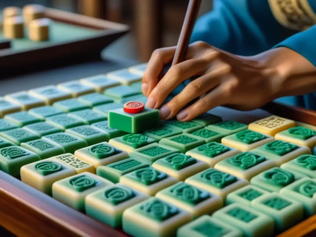 Un artesano talla con destreza antiguas fichas de Mahjong en un taller tradicional chino, revelando el origen y simbolismo del Mahjong