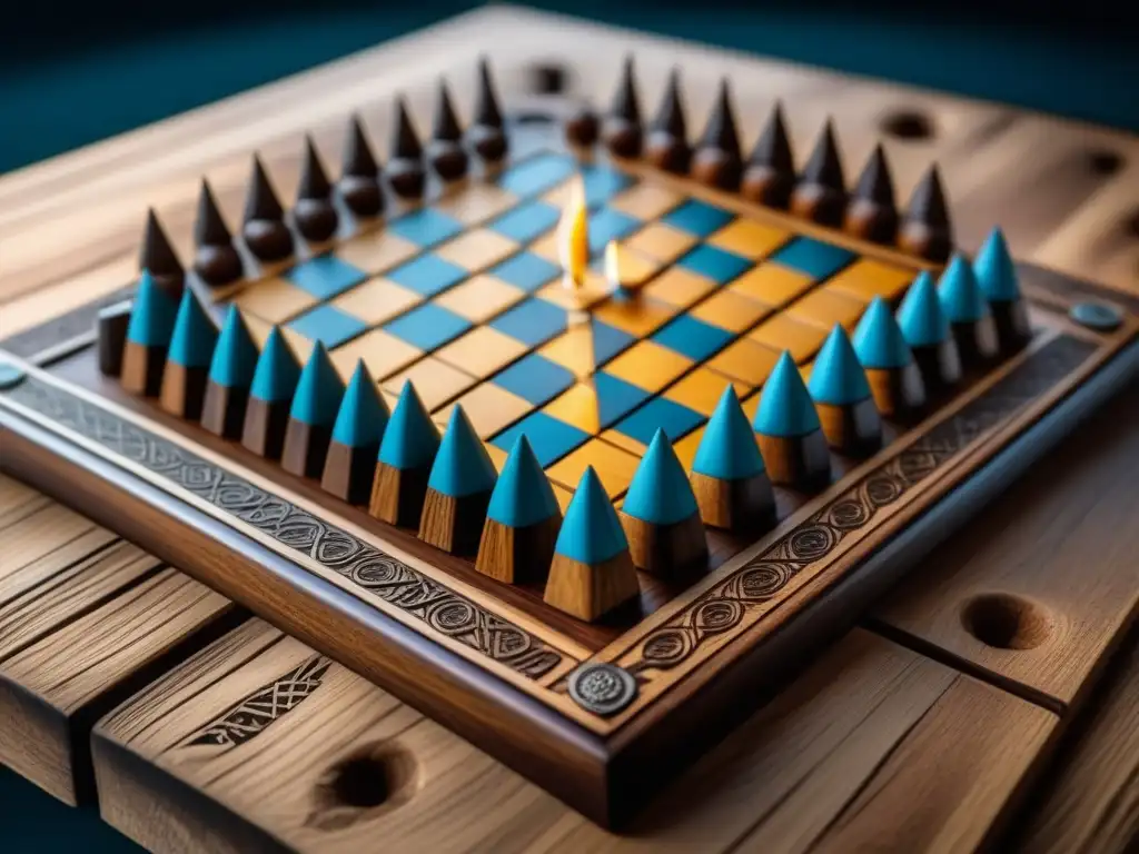 Un asombroso juego de mesa vikingo Hnefatafl con piezas talladas y runas, iluminado por antorchas