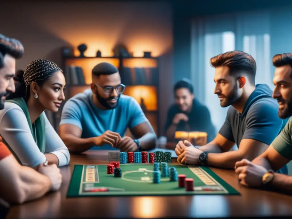 Una atmósfera acogedora de amigos disfrutando de juegos de mesa, con estanterías llenas de juegos