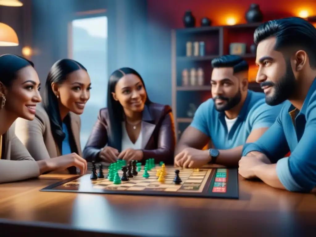 Una atmósfera acogedora en una mesa de juego, personas de diferentes edades y etnias concentradas y disfrutando