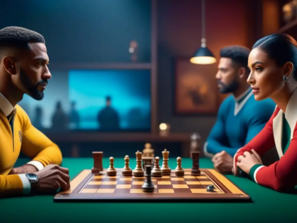 Partida de mesa inclusiva y concentrada: diversión en comunidad Una atmósfera de mindfulness en juegos de mesa: jugadores diversos concentrados en una partida, rodeados de juegos y calidez