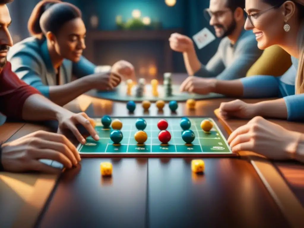 Una atmósfera vibrante y acogedora donde personas de diferentes edades y orígenes disfrutan de un juego de mesa, mostrando concentración y camaradería