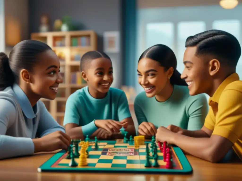 Un aula inclusiva llena de niños diversos disfrutando de juegos de mesa educativos, mostrando beneficios juegos de mesa