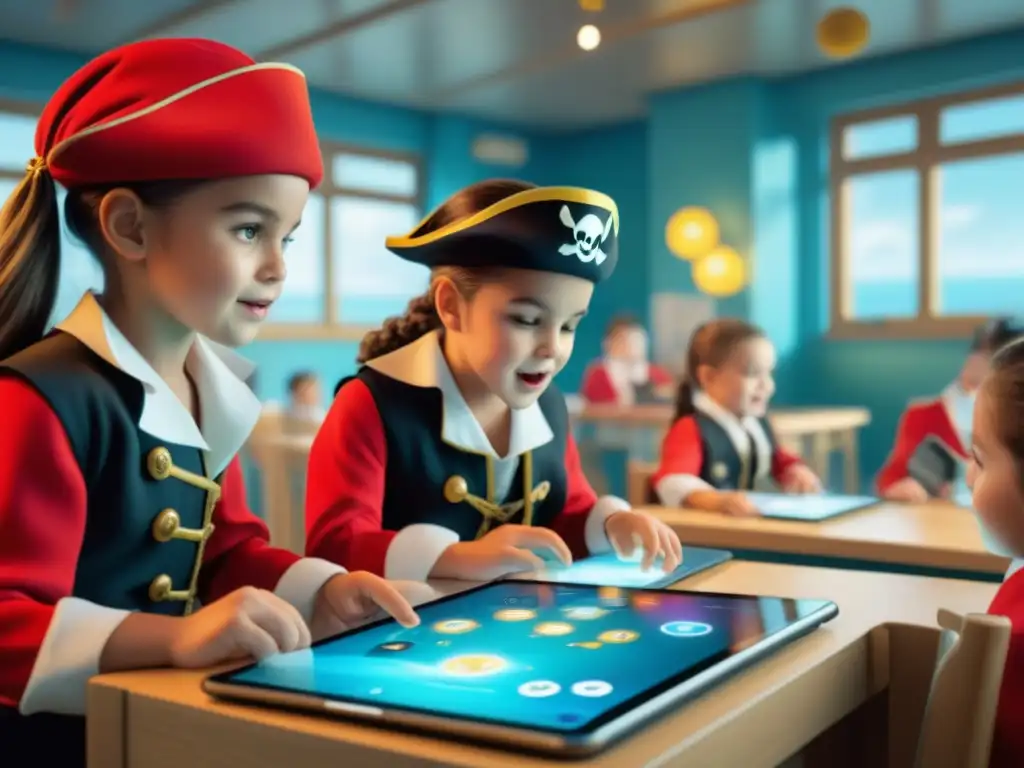 Un aula náutica llena de niños disfrazados de piratas, disfrutando del juego de estrategia 'Pirates! The Match3' en tablets