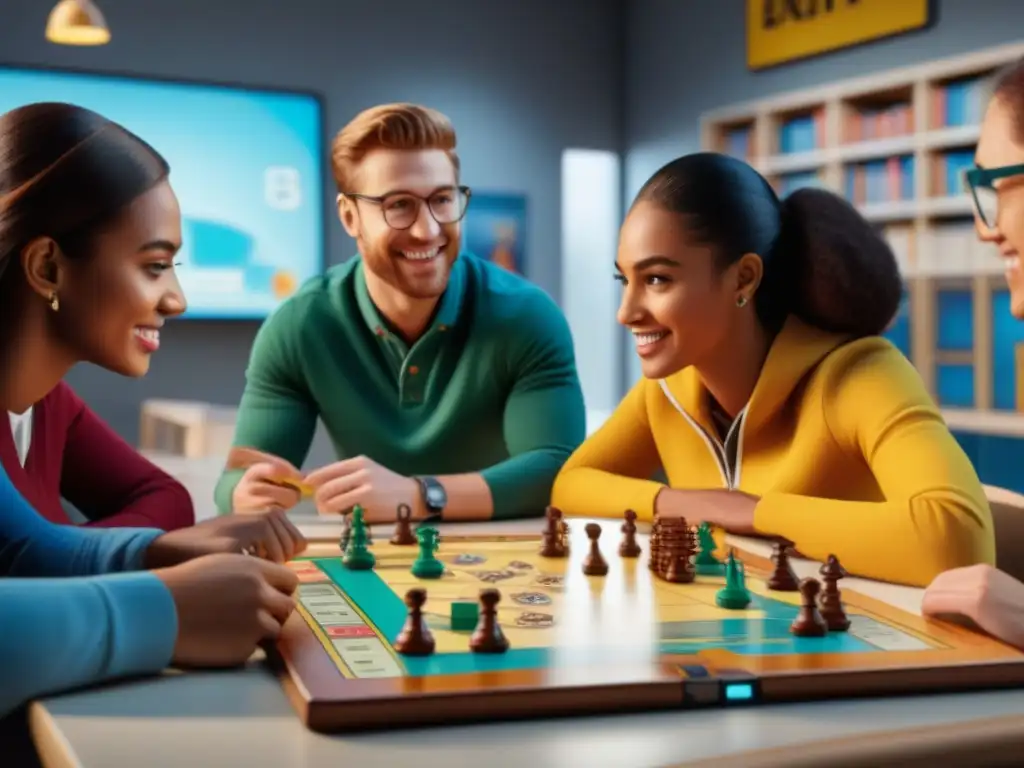 Un aula luminosa con estudiantes participando en un juego de mesa educativo interactivo