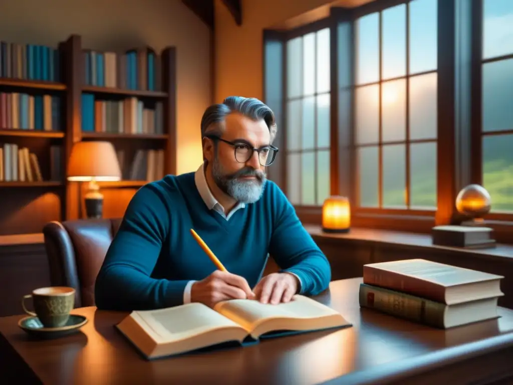 El autor de la saga de libros 'The Settlers of Catan', en su estudio acogedor rodeado de libros y una taza de té, listo para compartir su creatividad