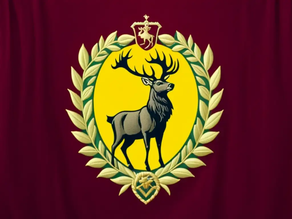 Banner de Casa Baratheon bordado en terciopelo rojo, resaltando su elegancia y lujo