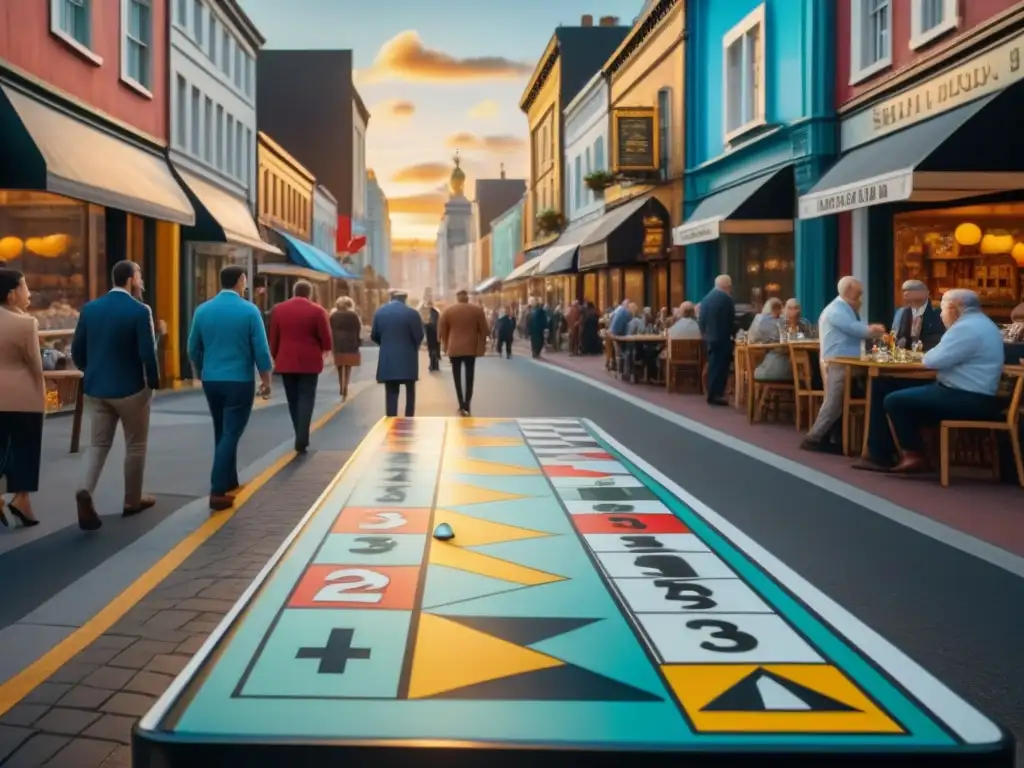 Transformación de barrios con juegos de mesa en murales coloridos y animados, creando comunidad y diversión en la ciudad al atardecer