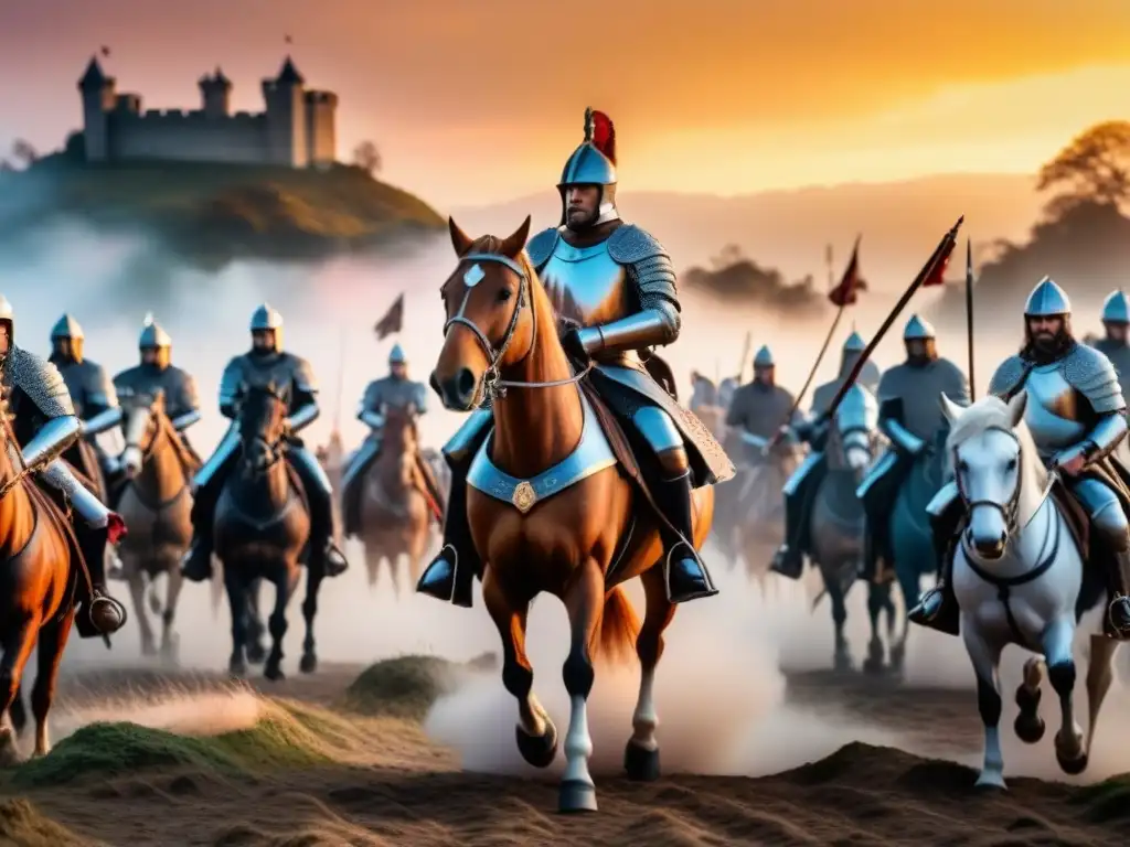 Batalla medieval con tropas y magia, caballeros, hechiceros, dragones y unicornios bajo un cielo en llamas, estrategias BattleLore equilibrar magia