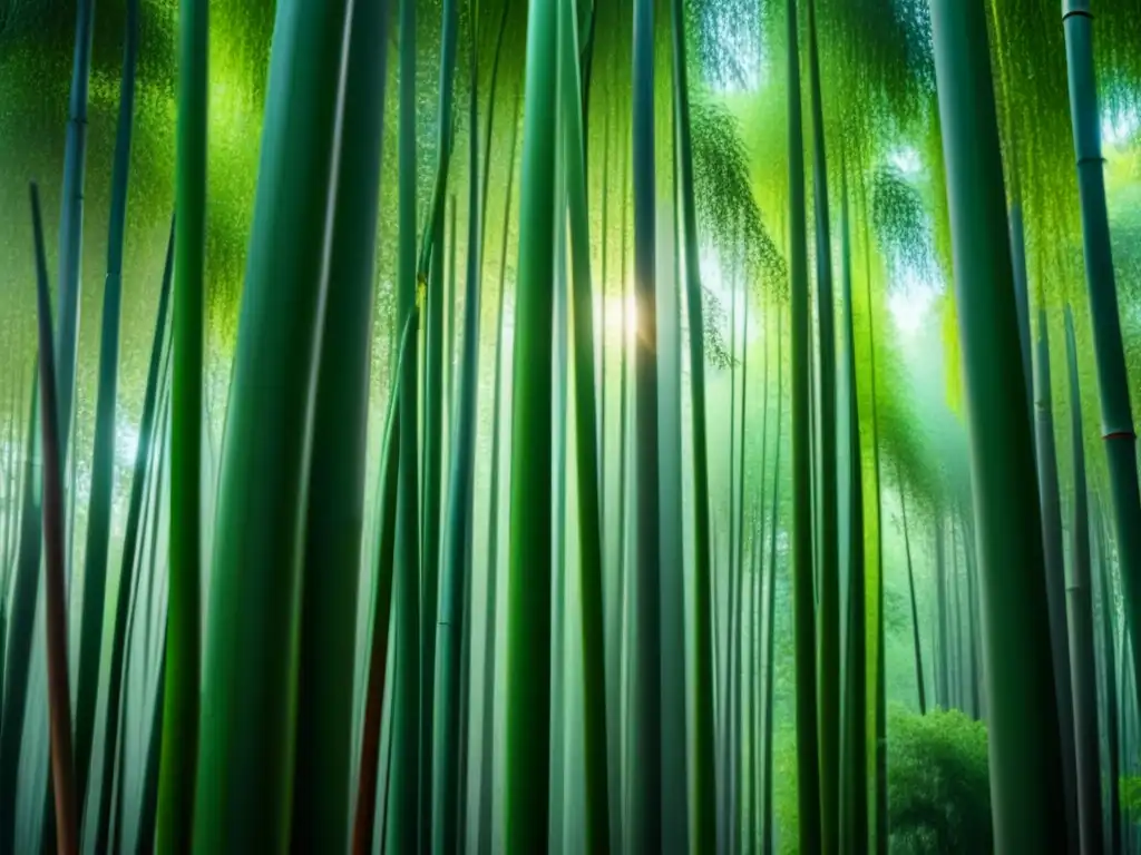 Un bosque de bambú exuberante, con cañas verdes altas y delgadas que se elevan hacia el cielo