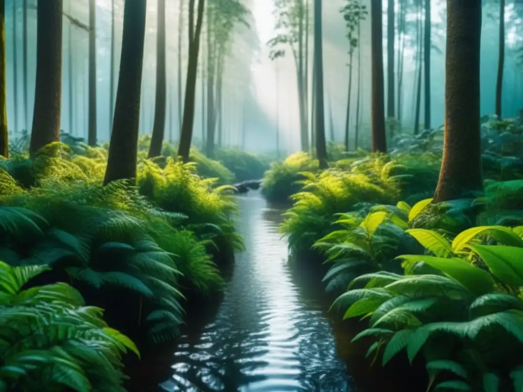 Un bosque exuberante y vibrante con árboles majestuosos, diversa vegetación y luz filtrándose