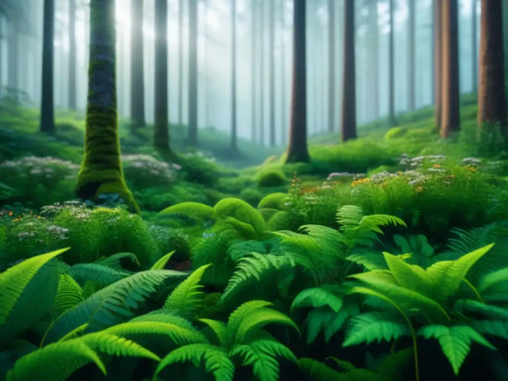 Un bosque mágico y sereno con árboles verdes y variados, musgo vibrante y luz suave