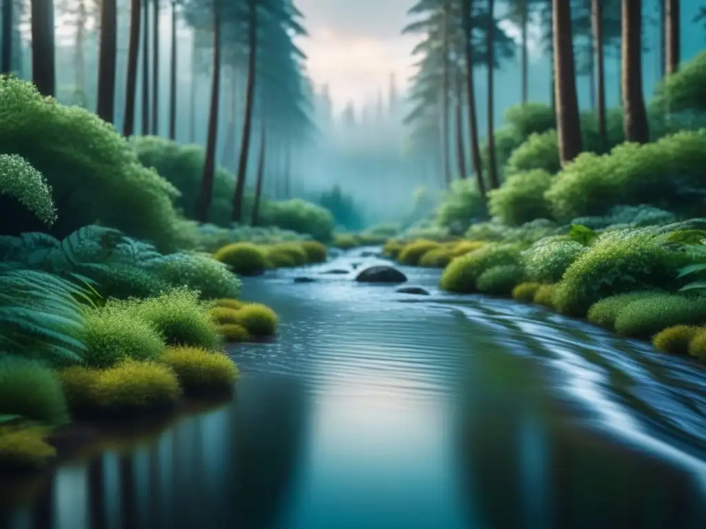 Un bosque sereno con árboles verdes, arroyo cristalino y fauna en armonía