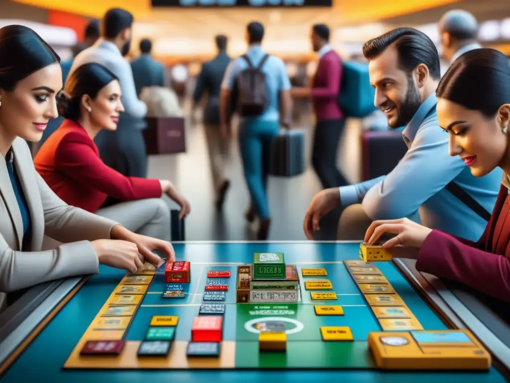 Un bullicioso aeropuerto internacional con viajeros cargando cajas de juegos de mesa, reflejando el impacto de las restricciones en la industria