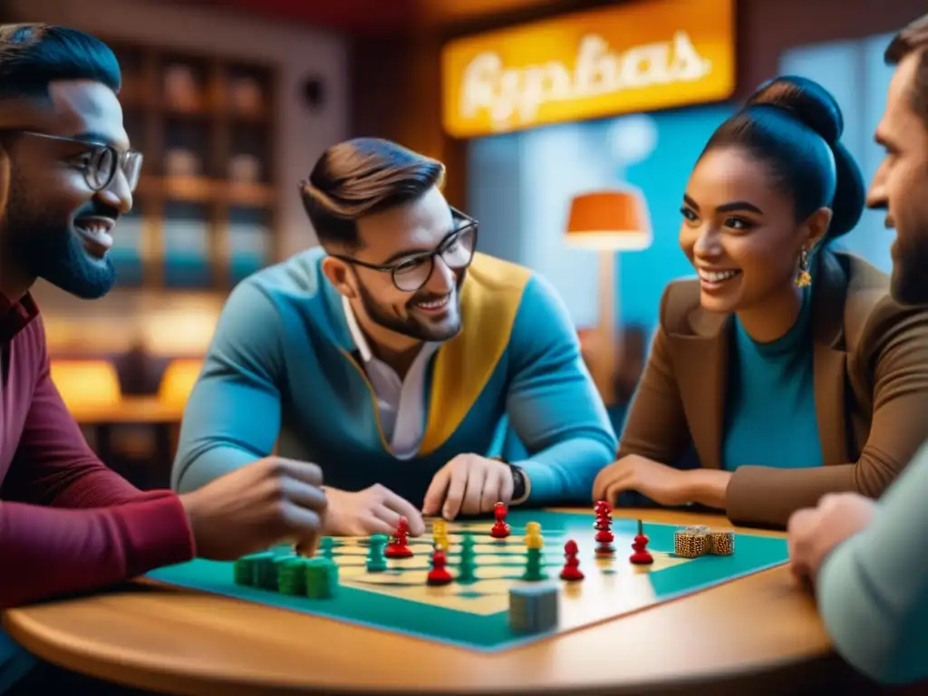 Un bullicioso café de juegos de mesa con diversidad de personas concentradas en partidas intensas