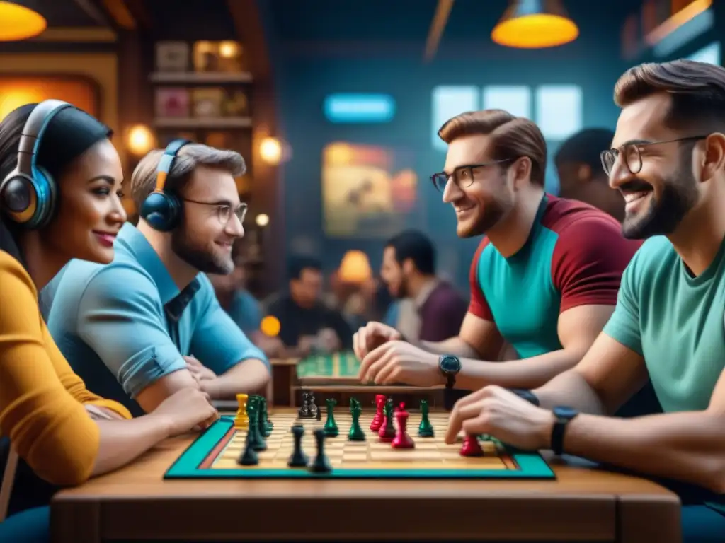 Un bullicioso café de juegos de mesa con diversidad de jugadores disfrutando partidas