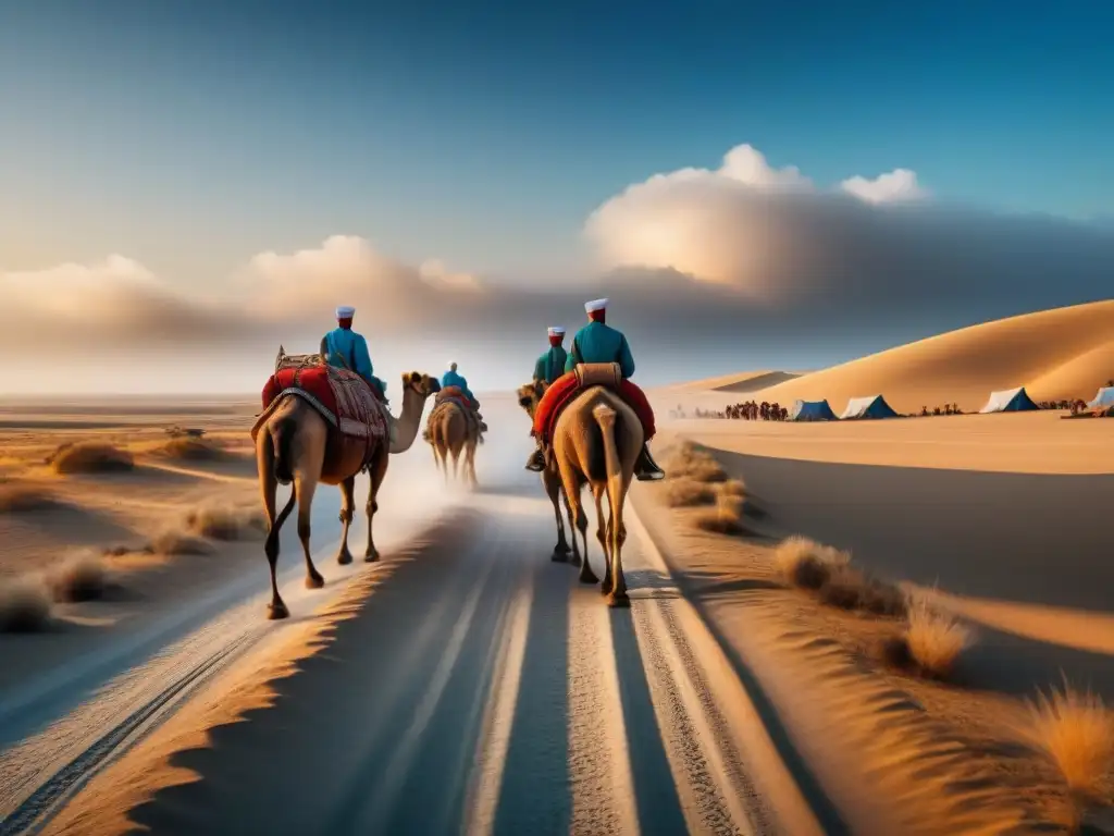 Un bullicioso caravan de la Ruta de la Seda: camellos cargados, viajeros diversos y un paisaje desértico infinito bajo un cielo azul claro