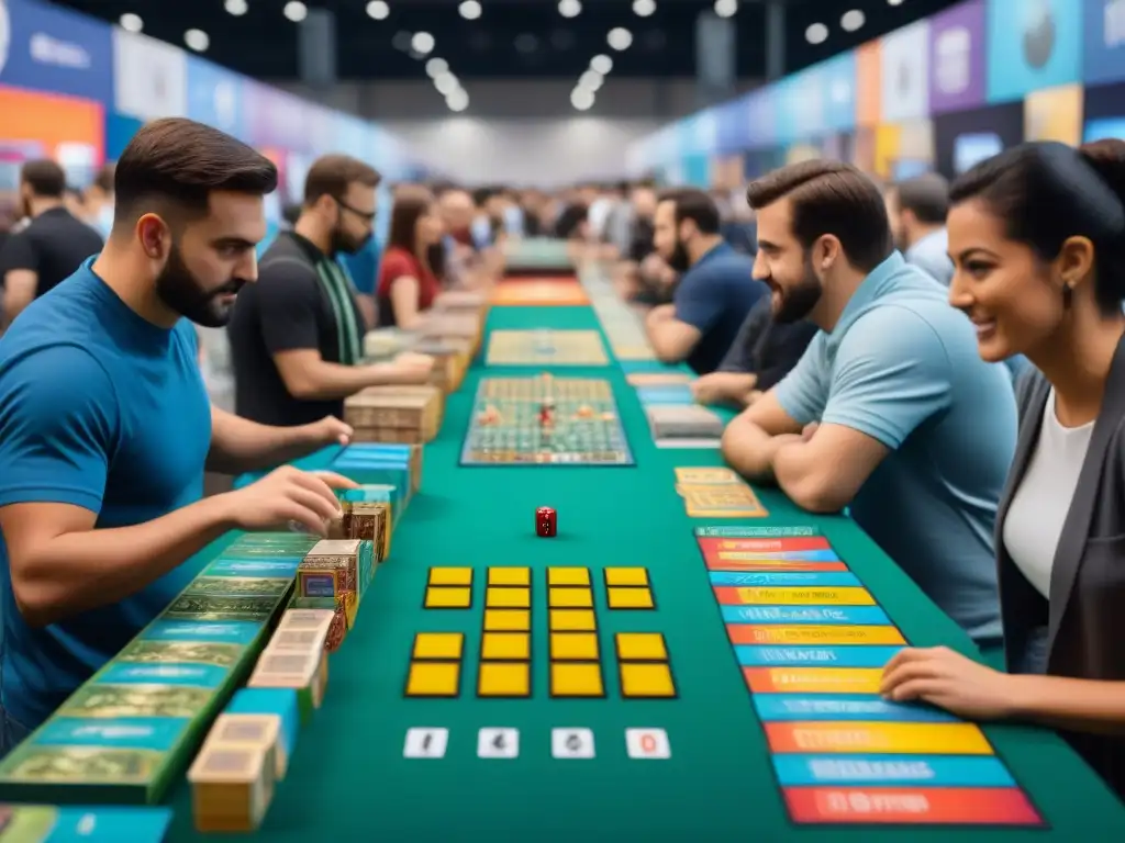 Un bullicioso centro de convenciones repleto de coloridos stands de juegos de mesa en una feria de juegos de mesa