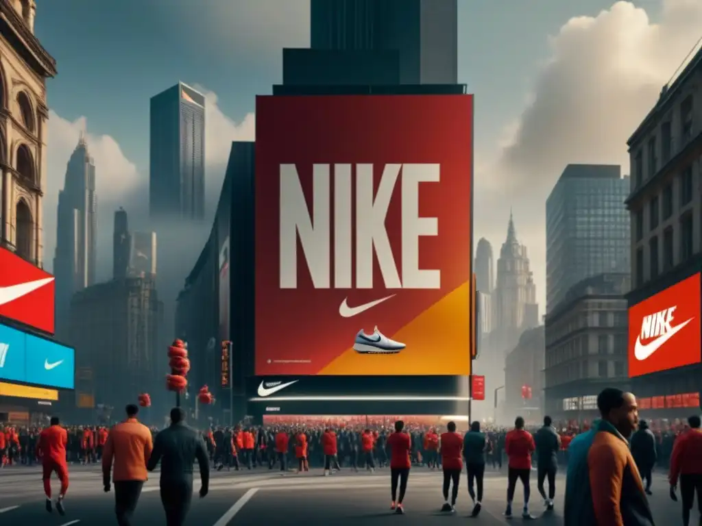 Un bullicioso cruce de calles de una ciudad con un enorme cartel de Nike y transeúntes diversos