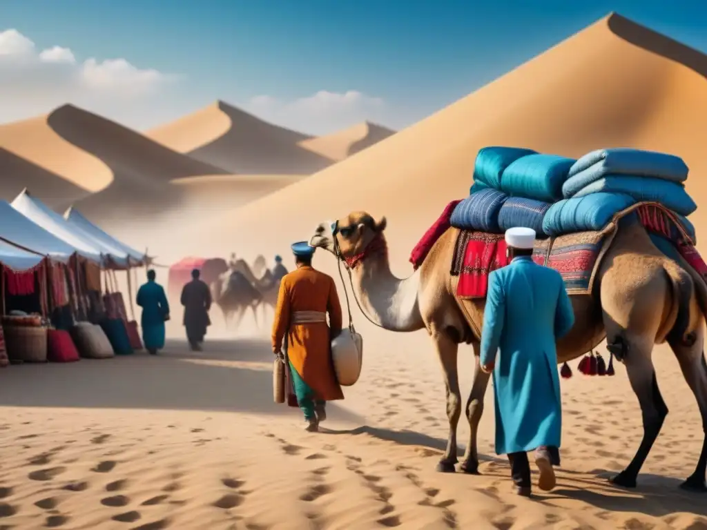 Un bullicioso mercado antiguo de la Ruta de la Seda con comerciantes de diversas culturas, camellos cargados de mercancías y textiles coloridos, bajo un cielo azul y dunas de arena, evocando historia y diversidad