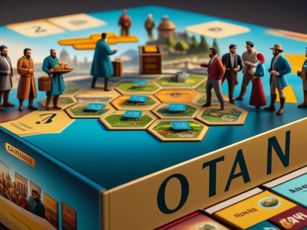 Un bullicioso mercado global con vendedores de diferentes culturas vendiendo juegos de mesa, destacando 'Catan'