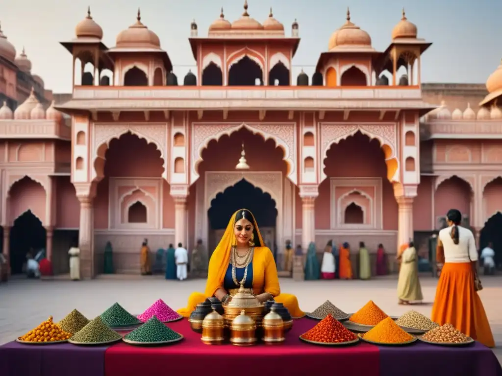 Un bullicioso mercado en Jaipur, India, lleno de textiles coloridos, joyas intrincadas y especias aromáticas