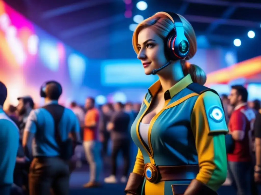 Convención de Videojuegos: Energía y Emoción en un Mundo de Fantasía Un bullicioso salón de convenciones de juegos, lleno de coloridos stands y entusiastas asistentes
