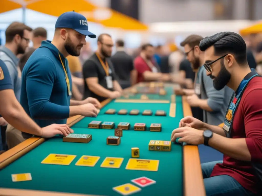 Un bullicioso salón de convenciones lleno de coloridos puestos de juegos de mesa, jugadores inmersos en partidas estratégicas