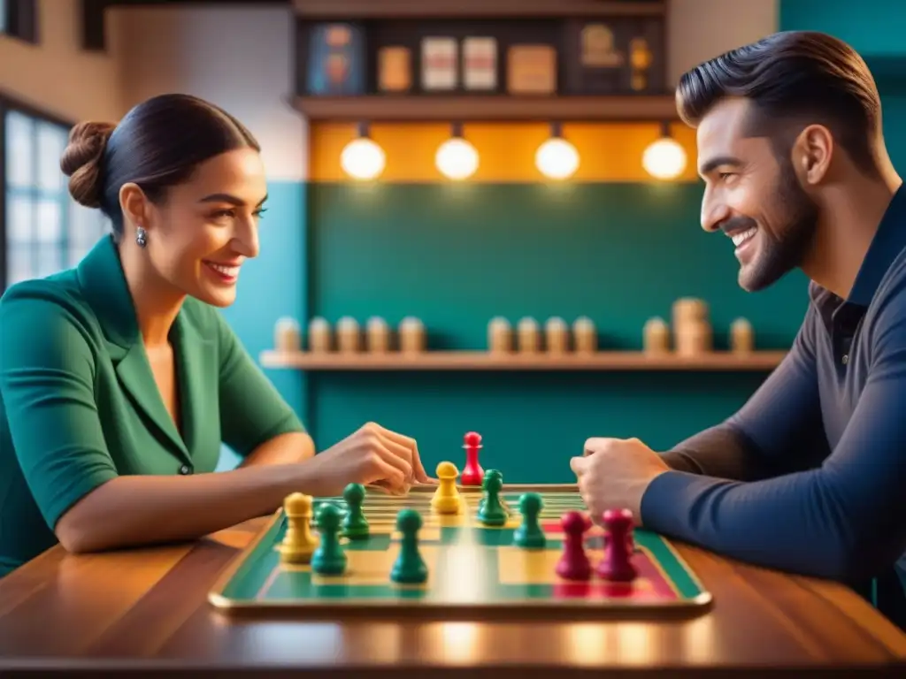 Un café animado con grupos diversos disfrutando juegos de mesa, mostrando la transformación juegos de mesa en cafés