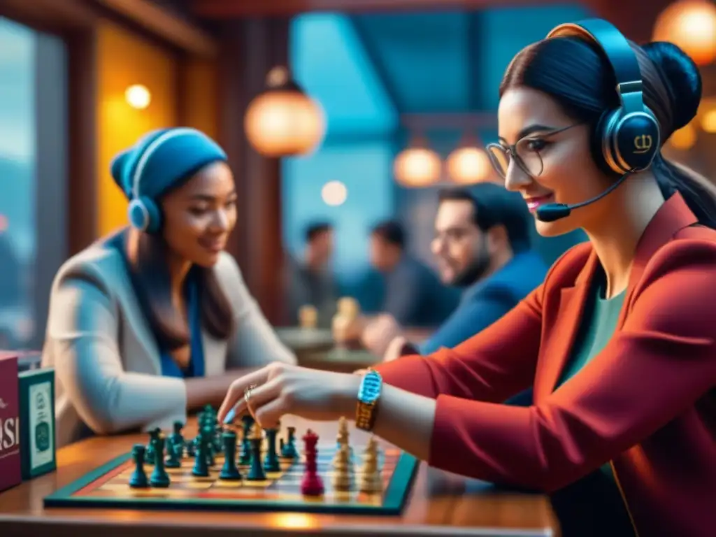 Un café lleno de gente diversa disfrutando de juegos de mesa durante el boom económico