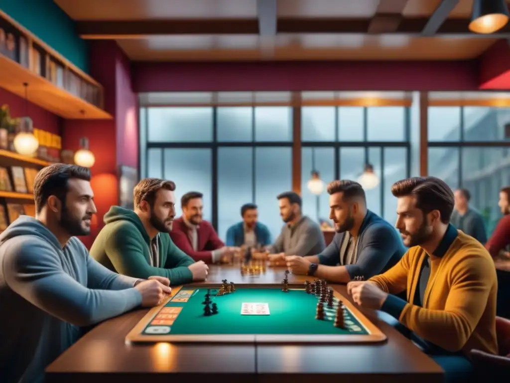 Un café de juegos de mesa abarrotado con diversidad de jugadores disfrutando intensas partidas