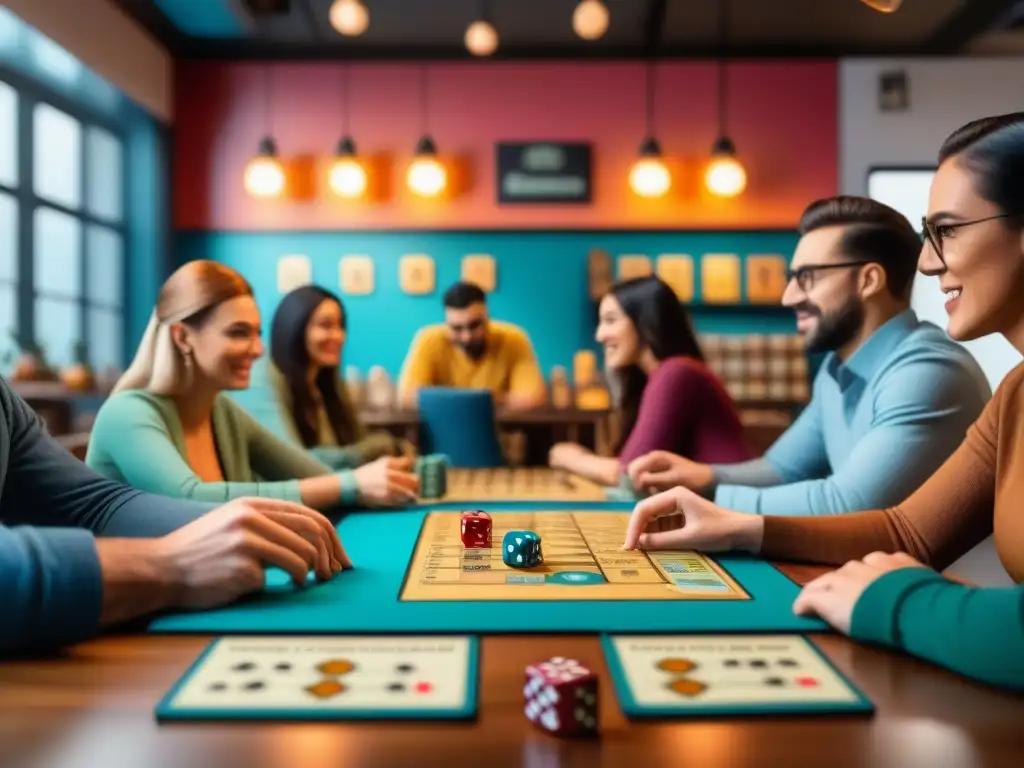 Un café de juegos de mesa bullicioso y acogedor, con gente diversa disfrutando de juegos de mesa