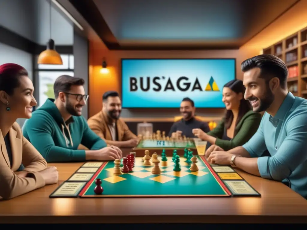 Un café de juegos de mesa bullicioso y acogedor, donde grupos diversos disfrutan estrategias y risas