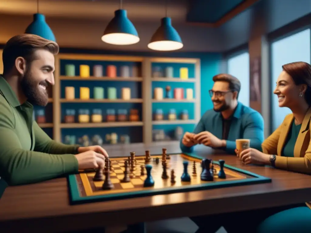 Un café de juegos de mesa bullicioso, con diversidad de jugadores y juegos, ambiente social y ecofriendly