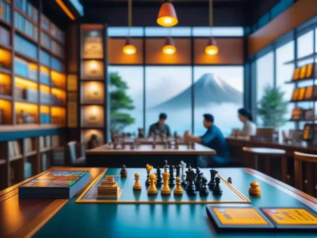 Un café de juegos de mesa bullicioso en Tokio, Japón, con estanterías llenas de coloridos juegos de mesa de Asia