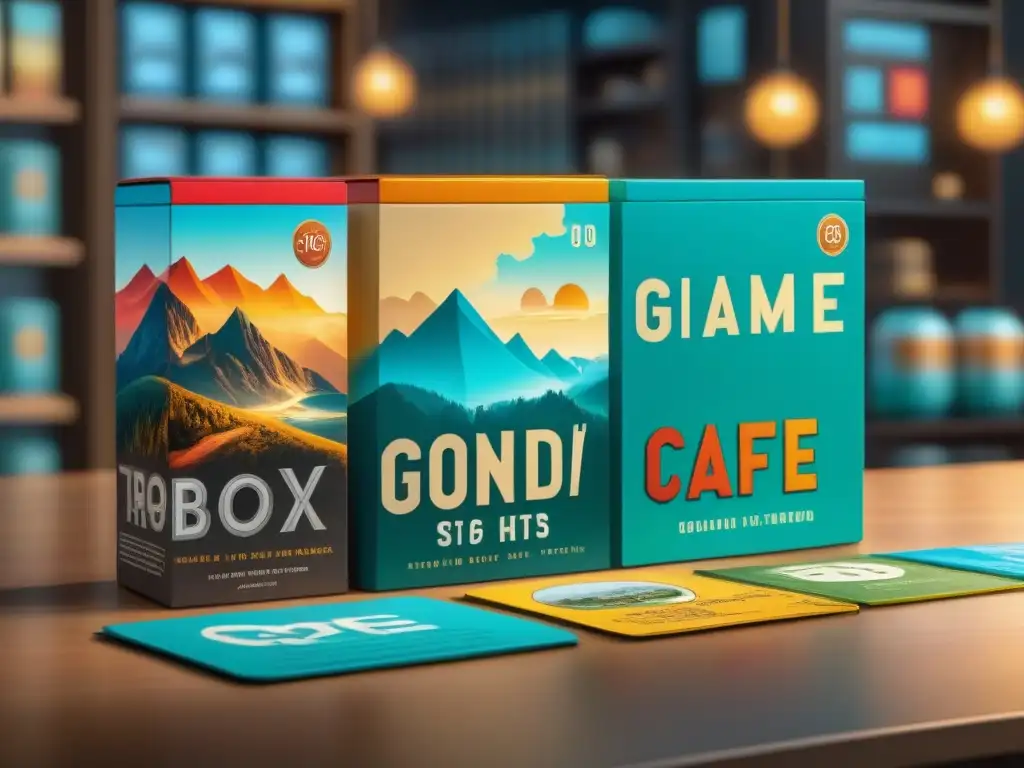 Un café de juegos de mesa lleno de gente diversa examinando dos cajas: una con diseño vibrante y la otra minimalista