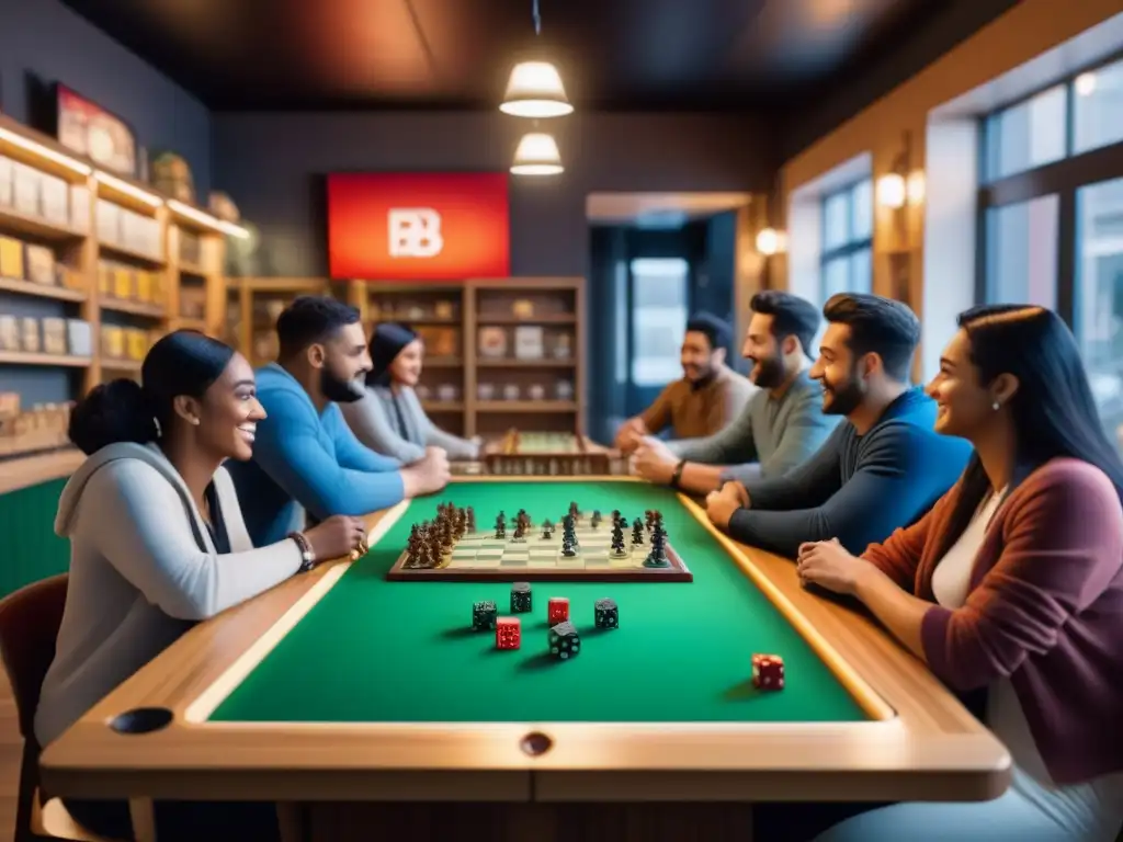 Un café de juegos de mesa repleto de diversidad y emoción, donde la comunidad disfruta de partidas