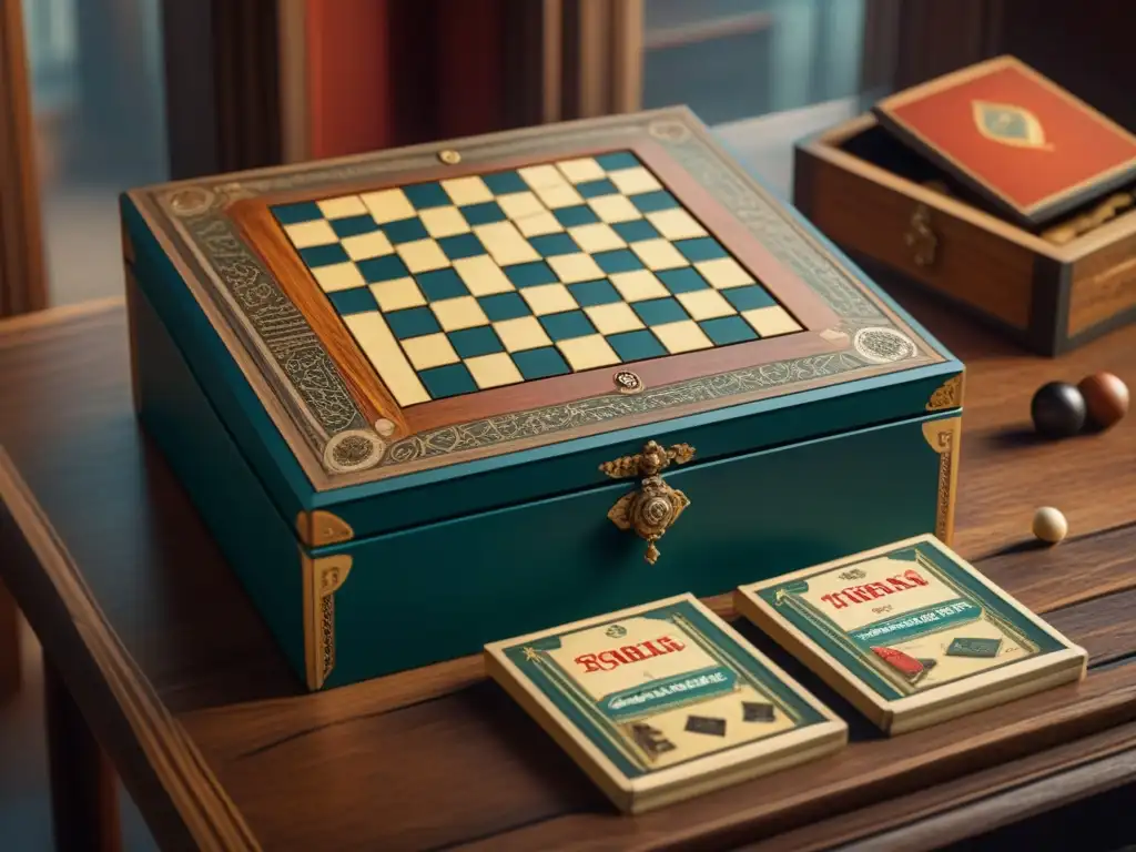 Una caja de madera desgastada con juegos de mesa antiguos, realzando su encanto histórico y diseño detallado