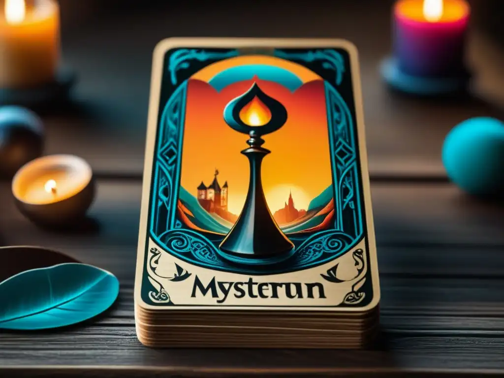 Una carta de tarot ilustrada detalladamente en Mysterium, rodeada de misterio y sombras bajo la luz de las velas