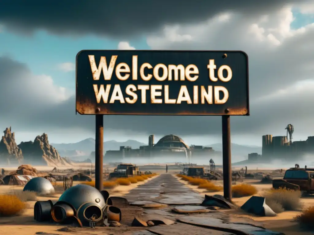 Un cartel oxidado con 'Bienvenido al Yermo' en un paisaje desolado de Fallout juego rol postapocalíptico