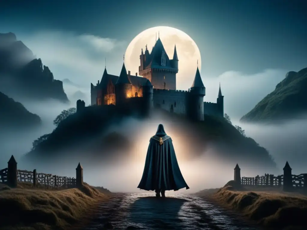 Inmersión en Vampire: The Dark Ages: Un castillo medieval envuelto en niebla bajo la luna llena, con figuras sombrías y un vampiro misterioso