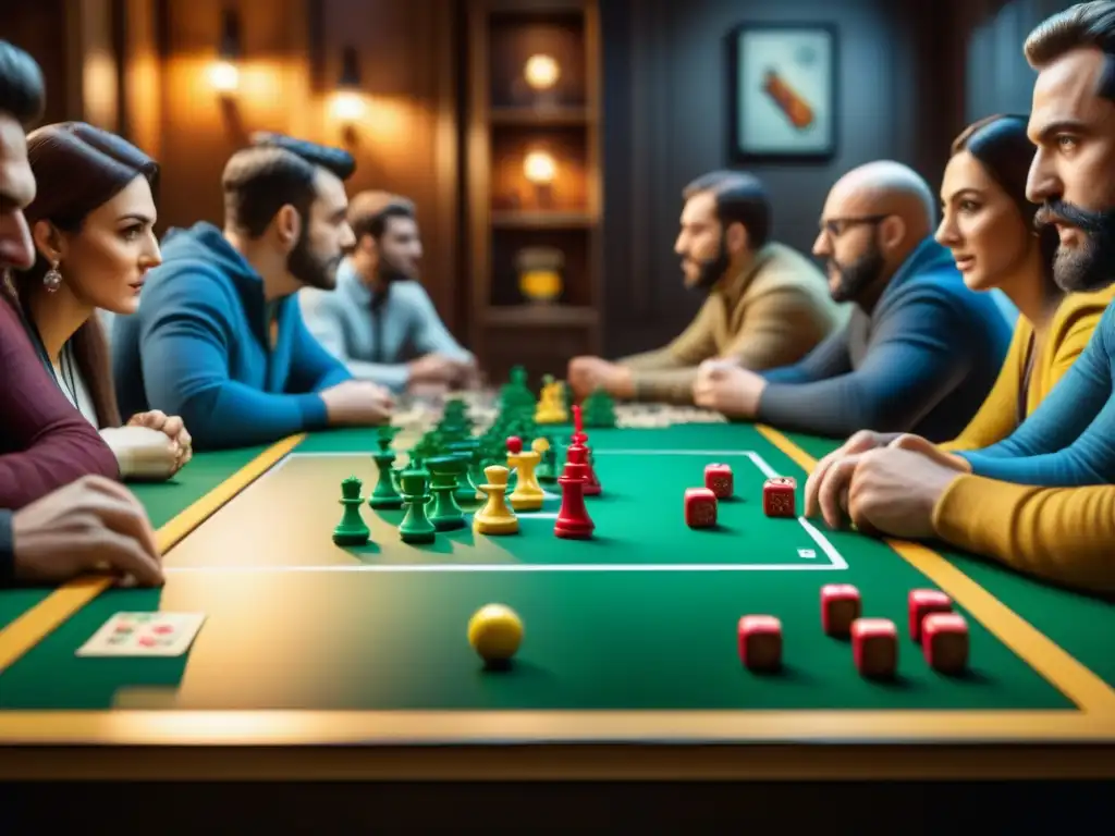 Celebración de triunfos en una liga de juegos de mesa, jugadores concentrados y alegres estrategiando en competencia