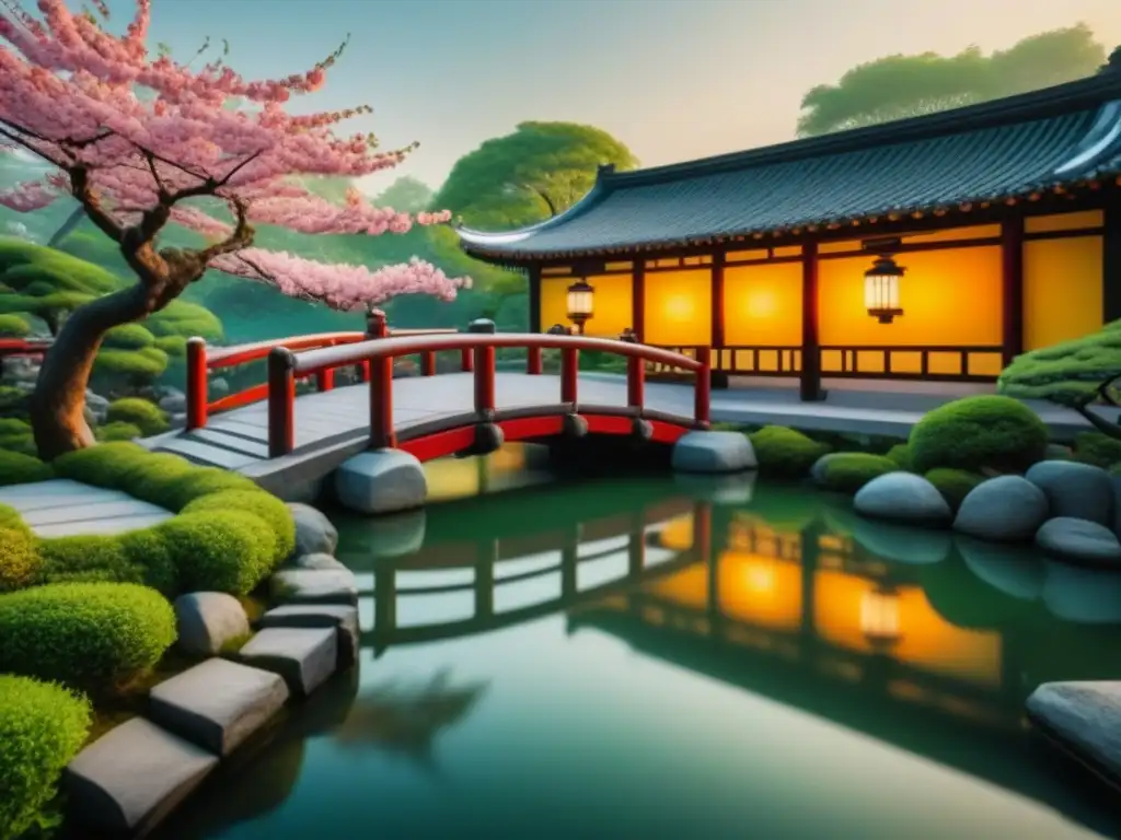 Jardín chino tradicional con estanque de peces koi, cerezos en flor y puente de piedra sobre arroyo al atardecer