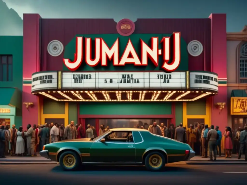 Marquesina vintage de cine con 'Jumanji' en letras iluminadas, multitud esperando estreno, autos clásicos y luces neón