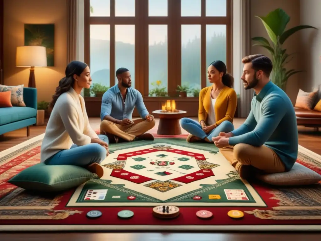 Un círculo de amigos diversos disfruta de juegos de mesa para meditación en una sala acogedora y tranquila