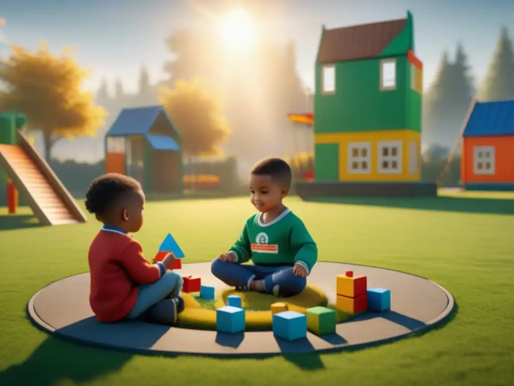 Juegos educativos en equipo: niños crean con bloques en el campo Un círculo de niños juega con bloques y rompecabezas en un campo verde brillante, creando juntos